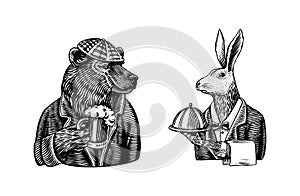 Grizzly Bear with a beer mug. Hare waiter. Brewer with a glass cup. Fashion animal character. Rabbit flunky or garcon