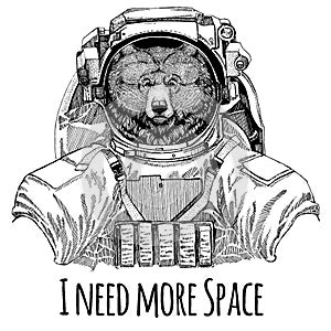 Grizzly bear Big wild bear Astronaut. Space suit. Hand drawn image of lion for tattoo, t-shirt, emblem, badge, logo