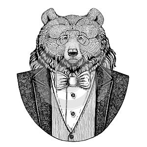 Grizzly bear Big wild bear Hipster animal Hand drawn illustration for tattoo, emblem, badge, logo, patch, t-shirt