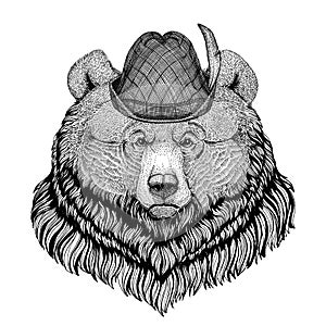 Grizzly bear Big wild bear Wild animal wearing tirol hat Oktoberfest autumn festival Beer fest illustration Bavarian