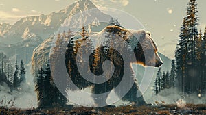 Grizzly bear double exposure design with mountain forest nature background