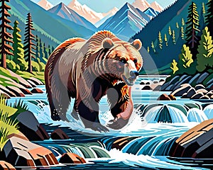 Grizzly bear fishing rocky river stream water fishing artist sketch