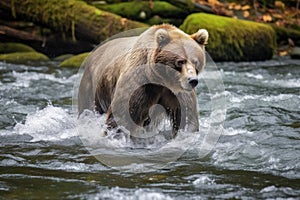 grizzly bear fishing for salmon in a roaring river