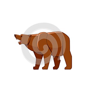 Grizzly Bear Growling. Cartoon character of big mammal animal. Wild forest creature with brown fur. Vector flat