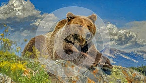 Grizzly bear lying on ridge,oil painting AI