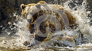 Grizzly Bear Pouncing In River, Splashing Vigorously, Salmon Leaping, Intense Focus In Bear\'s Eyes