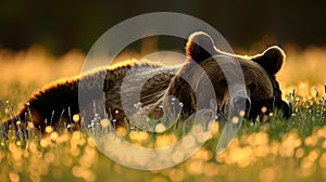 Grizzly bear and rabbit peacefully coexist in meadow at sunset for wildlife protection initiative