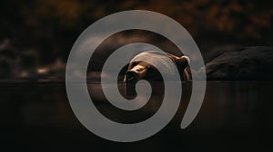 Grizzly bear relaxing in river. Shallow depth of field.