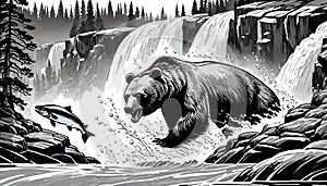 Grizzly bear salmon fishing line drawing