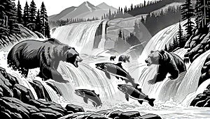 Grizzly bear salmon fishing water pond falls below photo