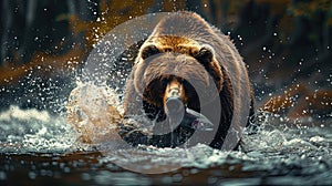 A grizzly bear with a salmon in his mouth. Generative AI