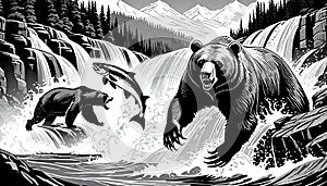 Grizzly bear salmon spawning rapids river falls sketch