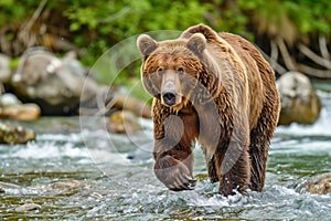 A grizzly bear standing in a rushing river