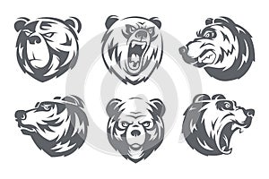 Grizzly bears. Black stylized wild animals pictures for sport and adventure badges exact vector templates set