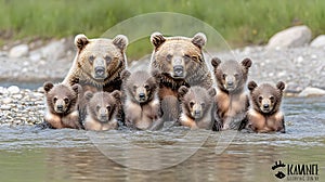 Brown Bear Family in River