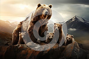 Grizzly Bears Family Adventure. Big mother Bear and Cubs in the Enchanting Mountain Landscape