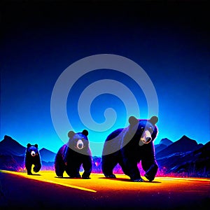 Grizzly bears in the night, 3d illustration. generative AI