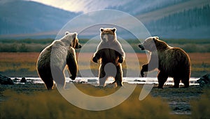 Grizzly bears playing with other bears, tackling, generative AI