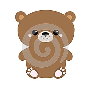 Grizzly brown bear toy sitting. Big eyes. Cute cartoon funny kawaii character. Forest baby animal collection. White background.