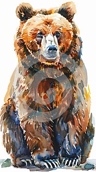 Grizzly brown bear walking vertical portrait design in watercolor