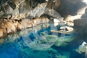 Grjotagja lava cave interior view, Iceland landmark