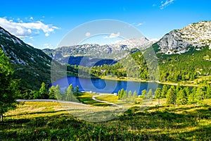 GroÃsee on the high plateau of the Tauplitzalm. View of the lake at the Totes Gebirge in Styria