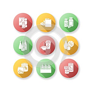 Groceries flat design long shadow glyph icons set