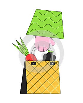 Groceries holding linear cartoon character hand illustration