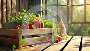 Groceries in sunlit front porch of house. Vegetables in wooden crate. Life without waste. Ecology and nature. Natural