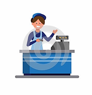 Groceries woman cashier in uniform and apron stands behind cash desk ready to help customer. cartoon flat illustration vector