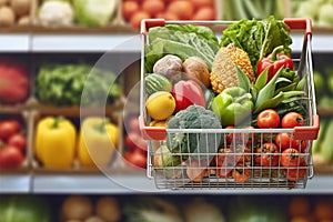 Grocery abundance Colorful fruits and vegetables fill the shopping cart