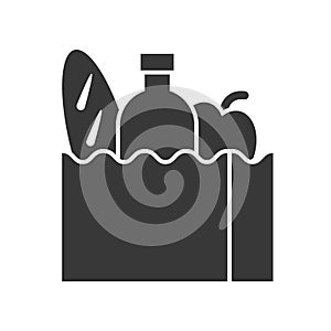 grocery bag with bread, water bottle and apple, food and beverage set, glyph design icon