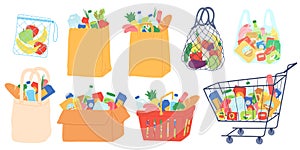 Grocery bags and carts. Shopping basket, paper and plastic packages, eco bag with organic food. Supermarket goods and