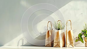 grocery bags on a light background, with abundant empty space for text, emphasizing the importance of responsible