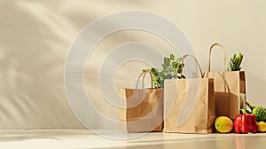 grocery bags on a light background, with abundant empty space for text, emphasizing the importance of responsible