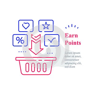 Grocery basket, earn points for purchase, loyalty program, reward or incentive, collect bonus, buy more