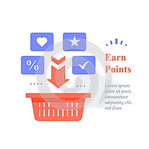 Grocery basket, earn points for purchase, loyalty program, reward or incentive, collect bonus, buy more