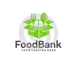 Grocery box, food, fork and spoon, logo design. Food bank, charitable foundation and organizations, vector design
