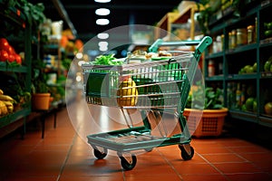 Grocery cart in a hypermarket among the counters