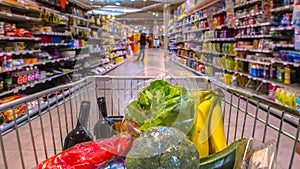 Grocery cart in supermarket pano