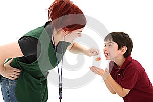 Grocery Clerk and Excited Boy