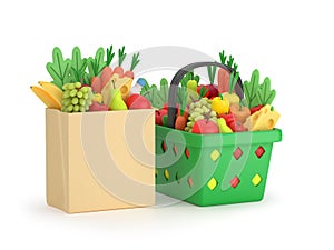 Grocery delivery concept. A bag of fresh fruits and vegetables. Shopping basket with groceries