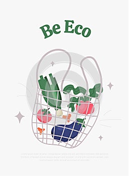 Grocery eco poster, recycle concept, organic shopping, vegetables in textile tote bag