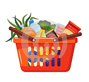 Grocery food basket vector flat illustration. Plastic supermarket cart with handle