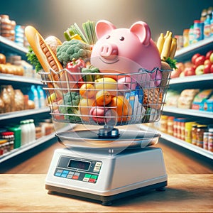 Grocery Food Inflation High Costs Expensive Skyrocketing Prices Scale Weighing Money AI Generated