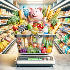 Grocery Food Inflation High Costs Expensive Skyrocketing Prices Scale Weighing Money AI Generated