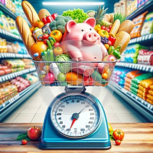 Grocery Food Inflation High Costs Expensive Skyrocketing Prices Scale Weighing Money AI Generated