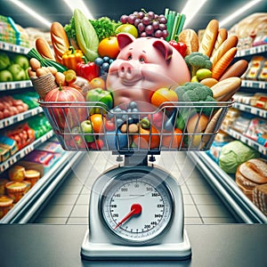 Grocery Food Inflation High Costs Expensive Skyrocketing Prices Scale Weighing Money AI Generated