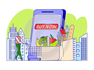 Grocery food shop at mobile application, vector illustration. Make purchase at online store, customer with trolley near