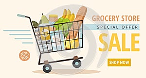 Grocery food store with shopping basket. Promotional sale banner.